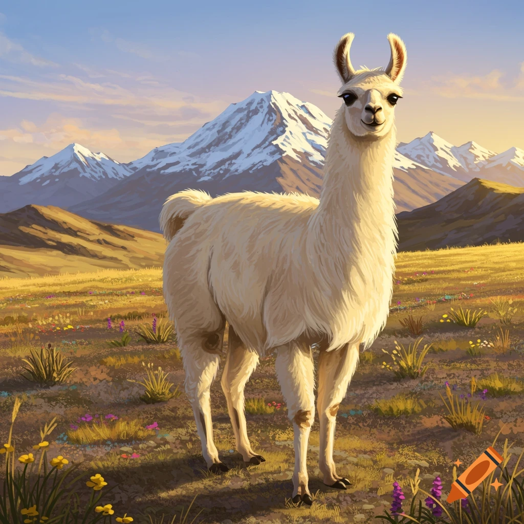 A light-colored llama stands in a sunny, wildflower-filled field with snow-capped mountains and a warm sky in the background, in an illustrative style.