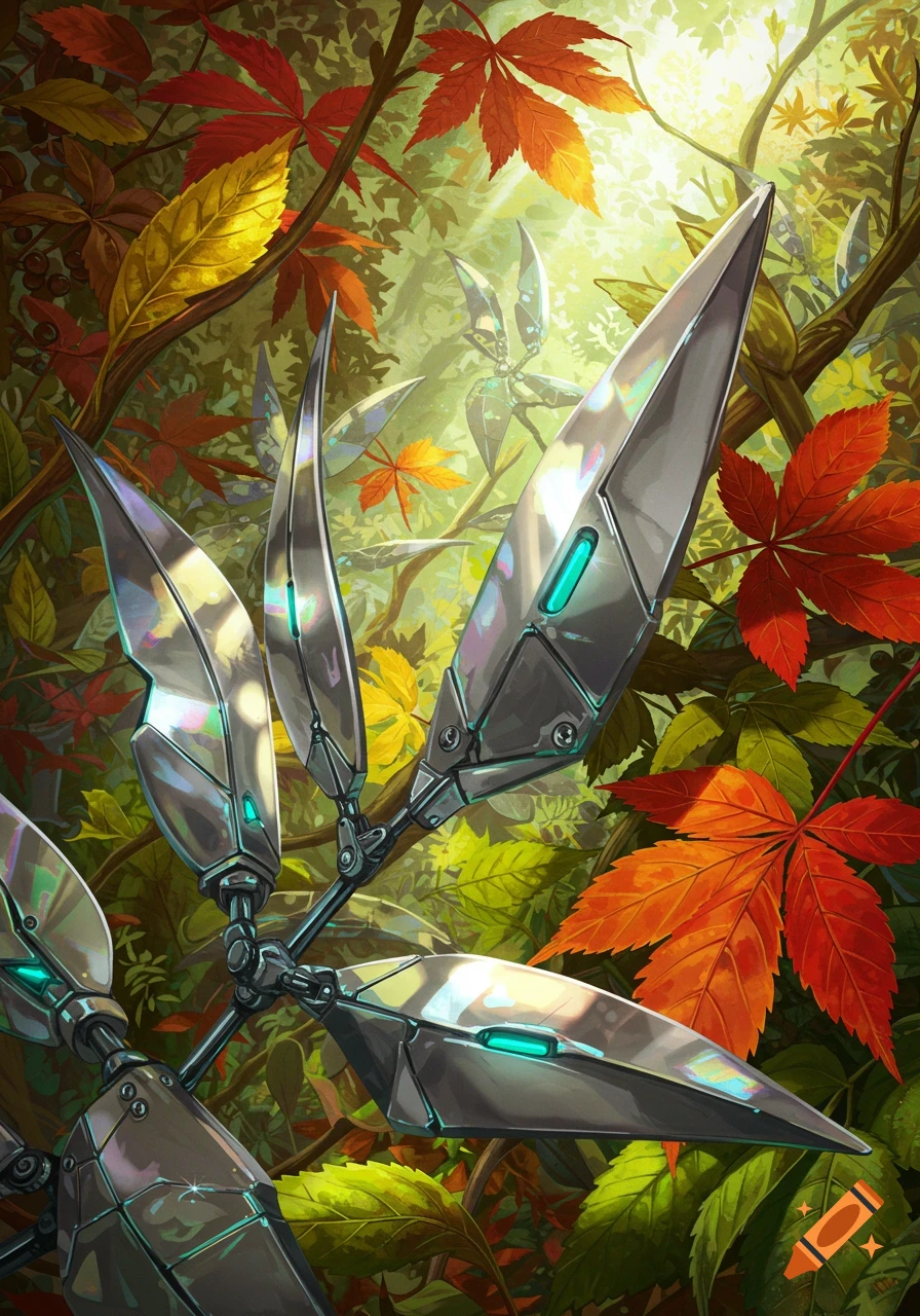 Digital art of metallic futuristic leaves and colorful autumn leaves in a lush, sunlit anime forest.