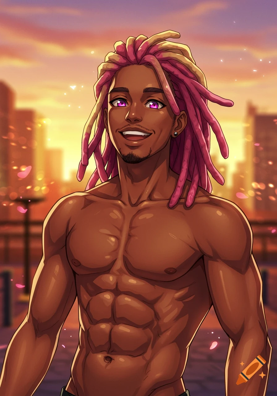 Anime man with dark skin, pink eyes, and pink and blonde dreadlocks, smiling with a muscular shirtless torso against a city sunset.