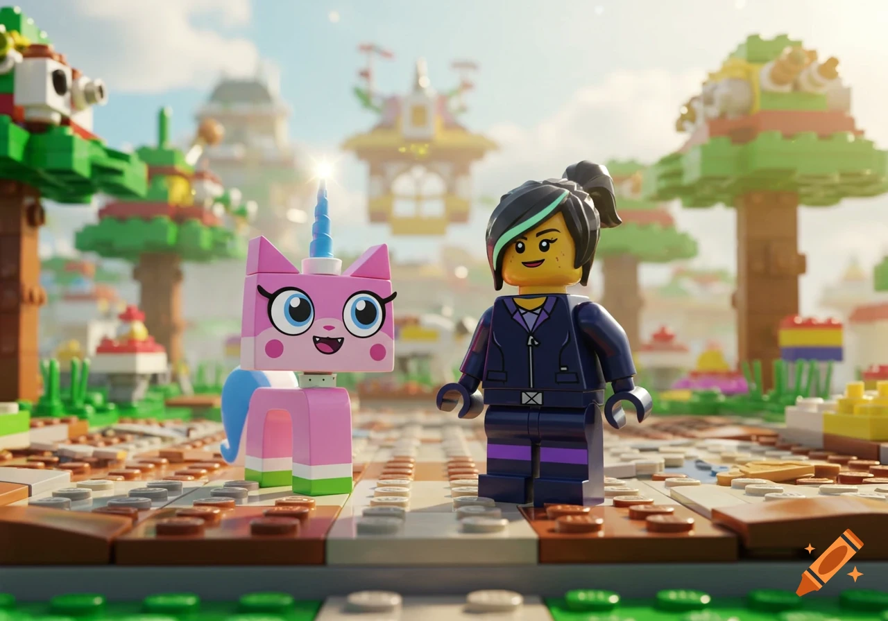 Unikitty and Lucy from the Lego Movie stand on a colorful Lego path in a bright, detailed Lego world.