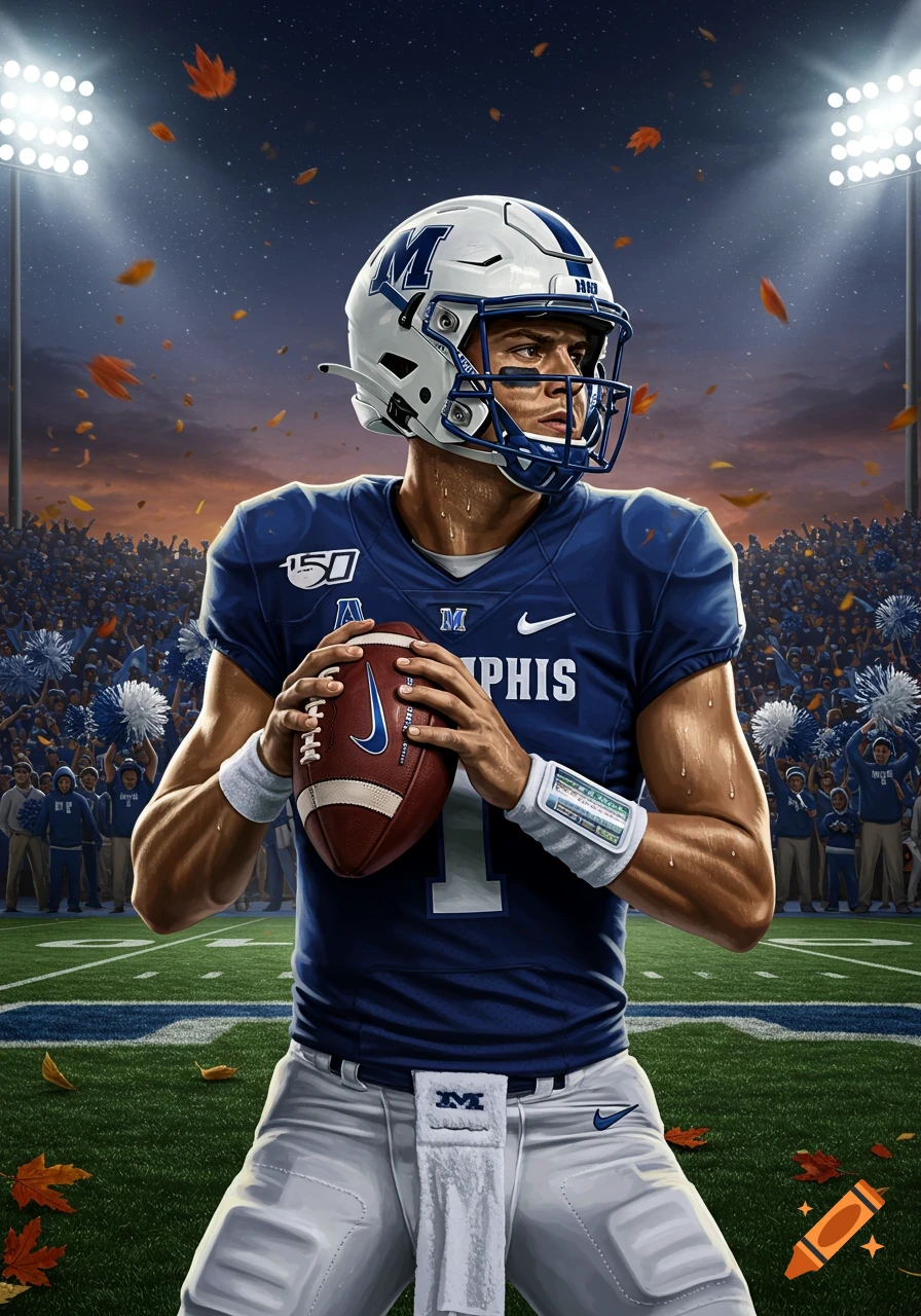 A determined football quarterback in a blue uniform, holding a football on a stadium field, with fans in the background at sunset.