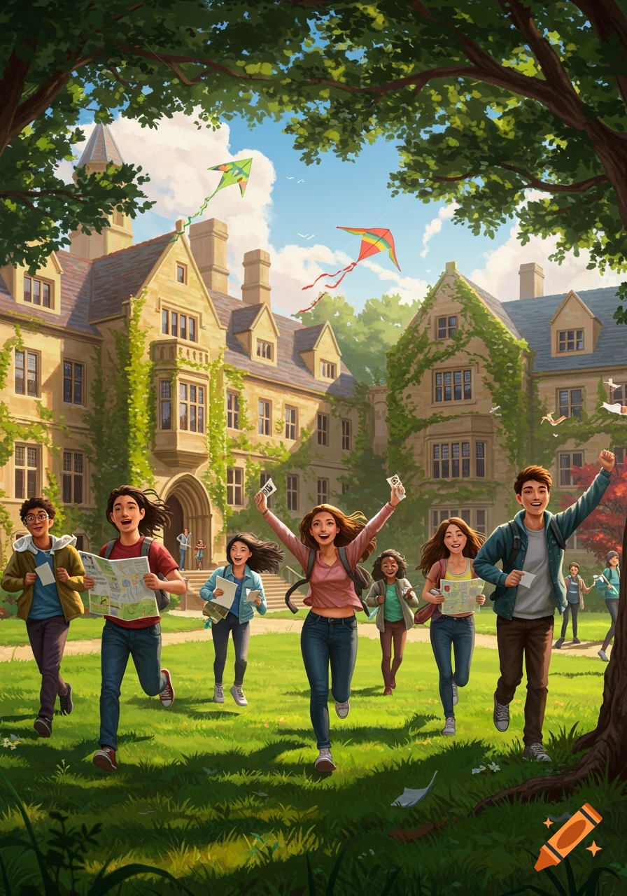 Illustrated scene of diverse university students excitedly running on a grassy campus lawn with maps, kites flying overhead.
