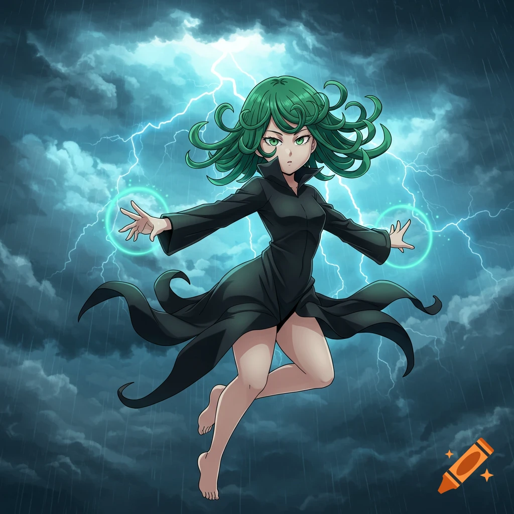 Anime character Tatsumaki with green hair floats in a stormy sky, surrounded by lightning and glowing energy orbs.