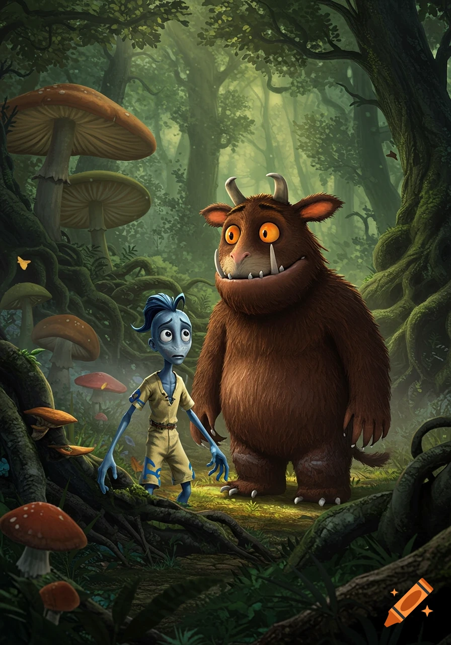 A blue-skinned creature resembling Abe from Oddworld stands next to a large, brown, furry creature resembling the Gruffalo in a magical forest with giant mushrooms.