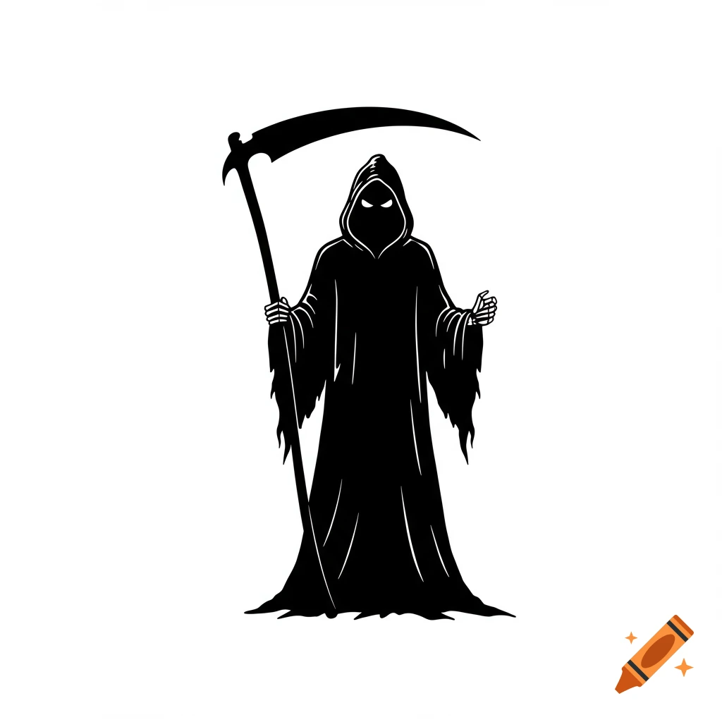 A black silhouette of the Grim Reaper with glowing white eyes, holding a scythe.