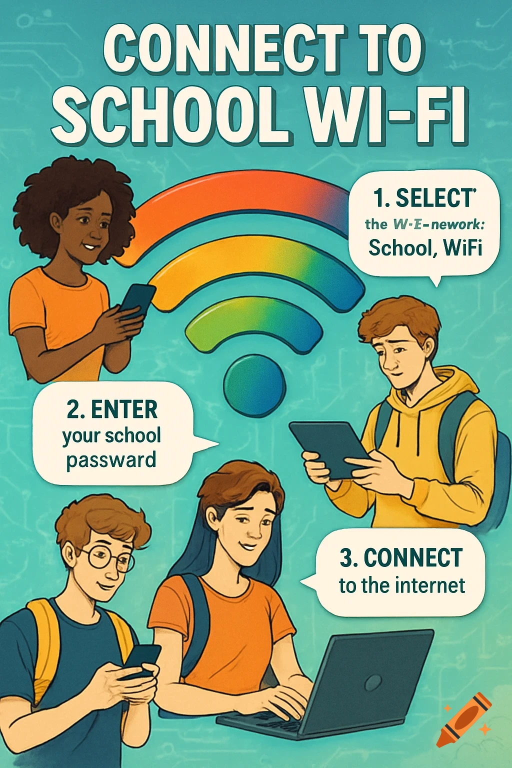 A colorful educational poster showing four students using devices to connect to Wi-Fi, with instructions titled "CONNECT TO SCHOOL WI-FI" and numbered steps.