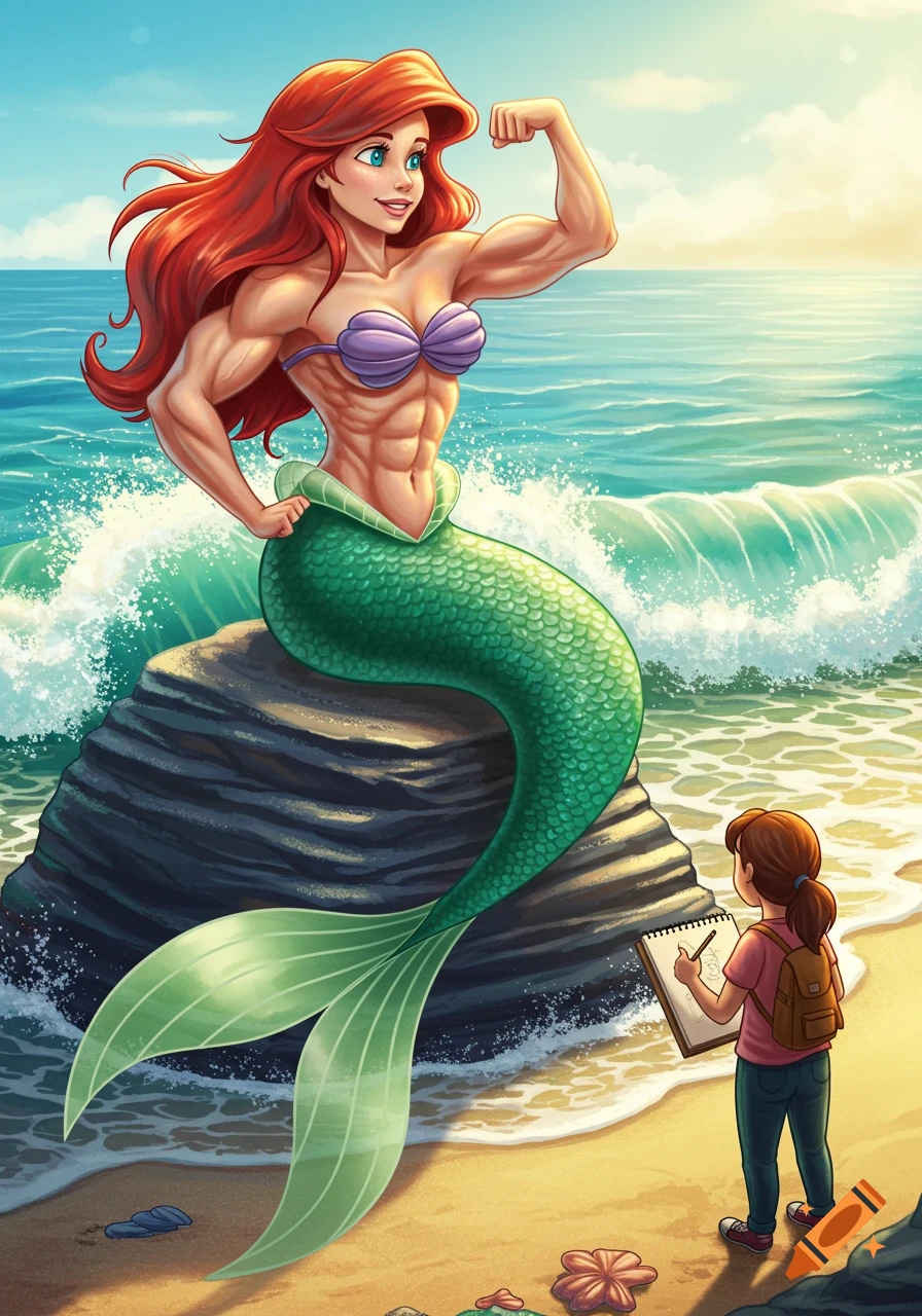 Muscular Ariel the Little Mermaid flexing on a rock on a sunny beach, while a student sketches her.