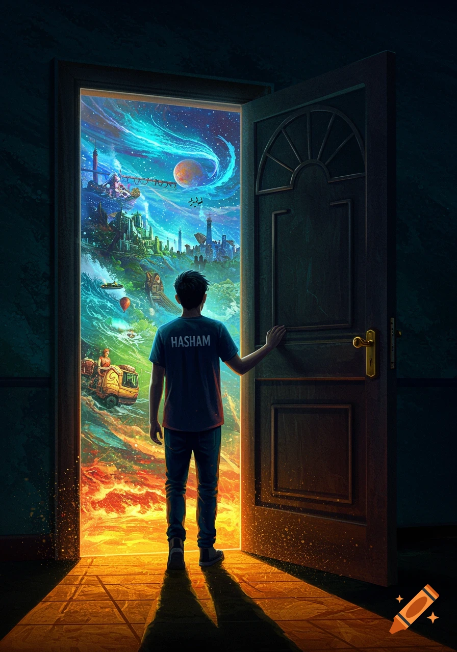 A person from behind looks into a vibrant, fantastical world through an open door, with 'HASHAM' on their shirt.