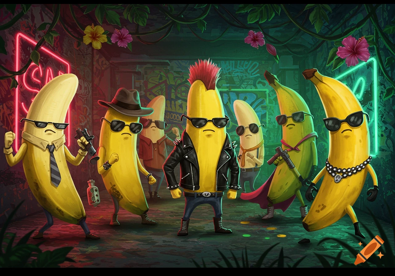 A group of anthropomorphic bananas dressed as a gang, some with sunglasses and weapons, standing in a dimly lit, graffiti-covered alley with neon signs.