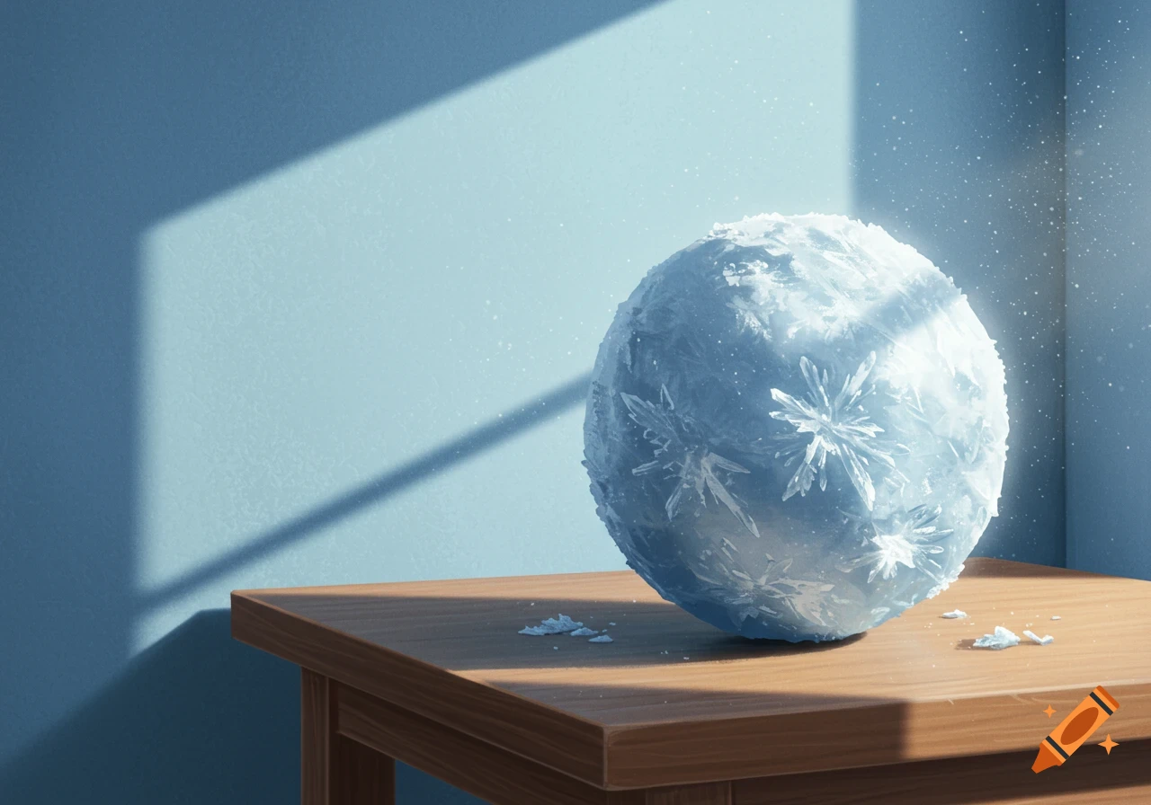 A textured snowball sits on a wooden table, illuminated by a beam of sunlight through a window, against a light blue wall.