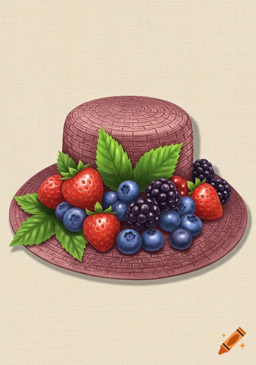 Illustrative image of a brown straw hat topped with strawberries, blueberries, blackberries, and green leaves on a light textured background.