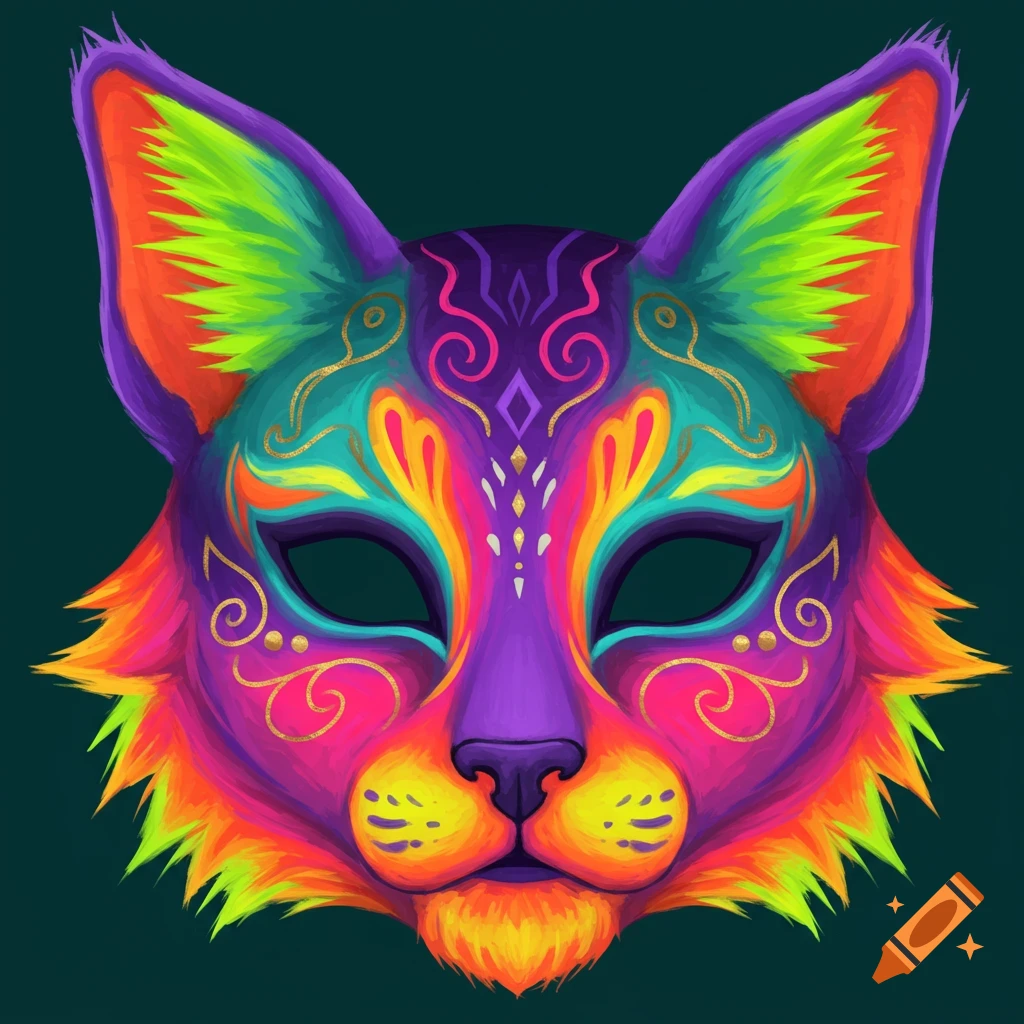 A vibrant, stylized cat mask in neon purple, pink, orange, yellow, and green with gold patterns.