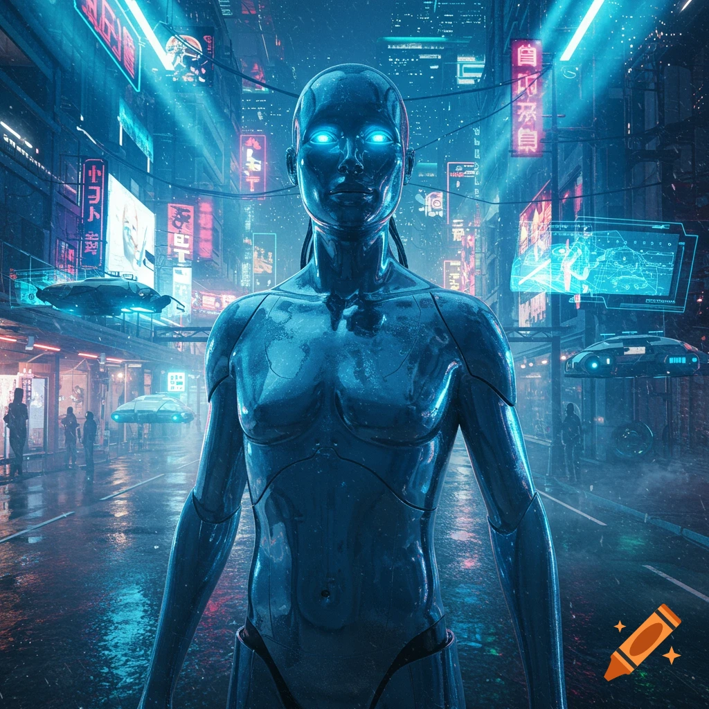 Blue metallic robot stands on a wet street in a neon-lit futuristic city with flying cars. Photorealistic.
