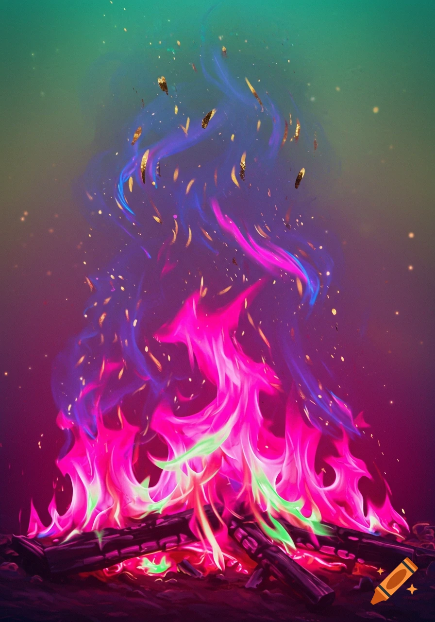 Vibrant psychedelic fire with pink, blue, and green flames and golden sparks over burning logs.
