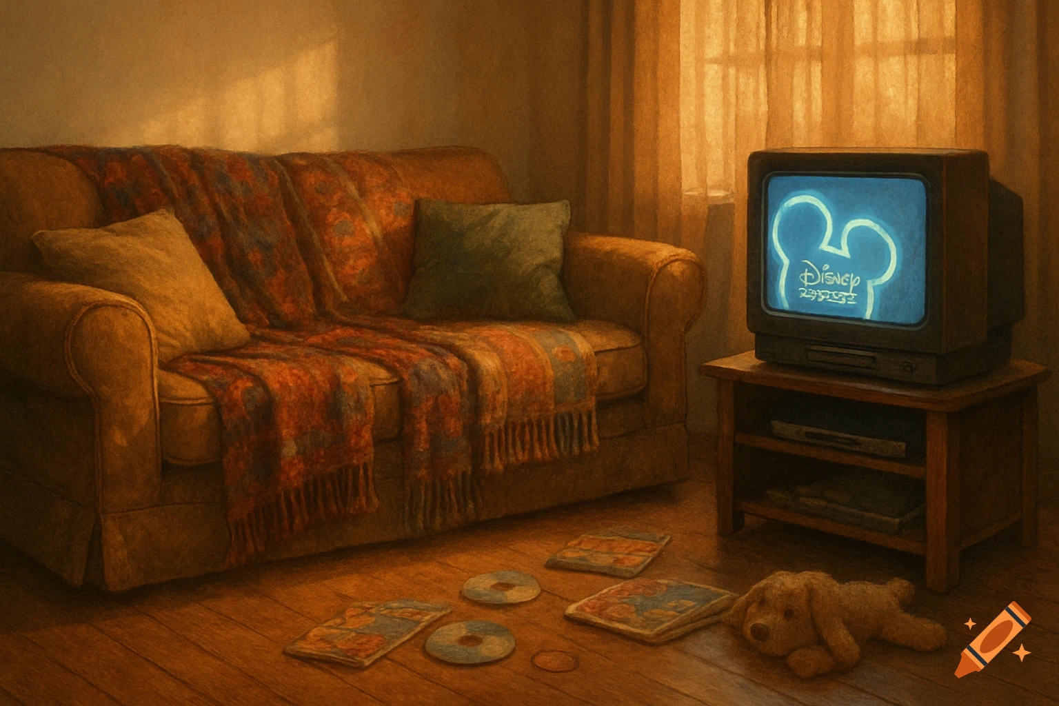 A cozy living room with a couch, patterned blanket, pillows, and an old TV displaying the Disney channel logo. A stuffed dog lies on the wooden floor.