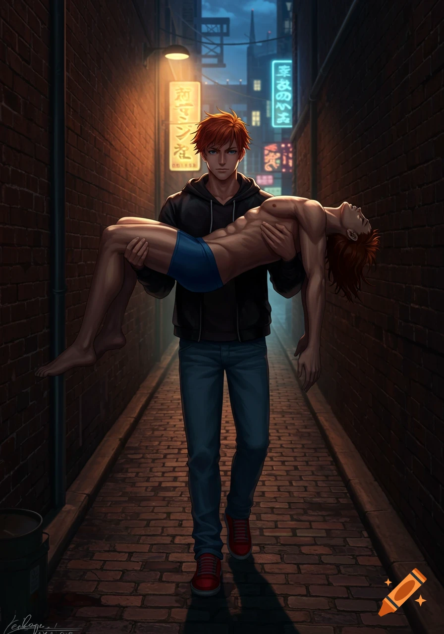 An anime man with ginger hair in a black hoodie carries an unconscious, shirtless man in blue briefs through a dark alleyway at night.