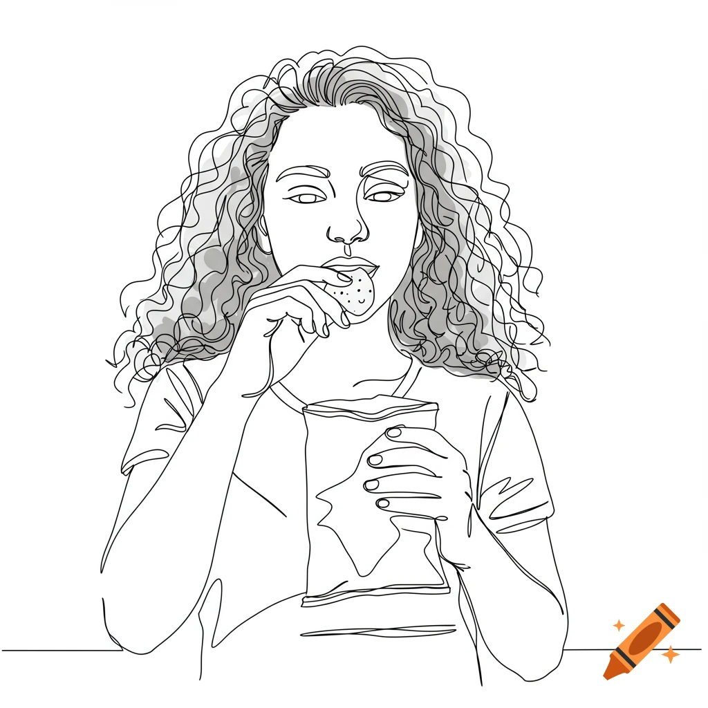One line drawing of a curly-haired girl eating chips from a bag.