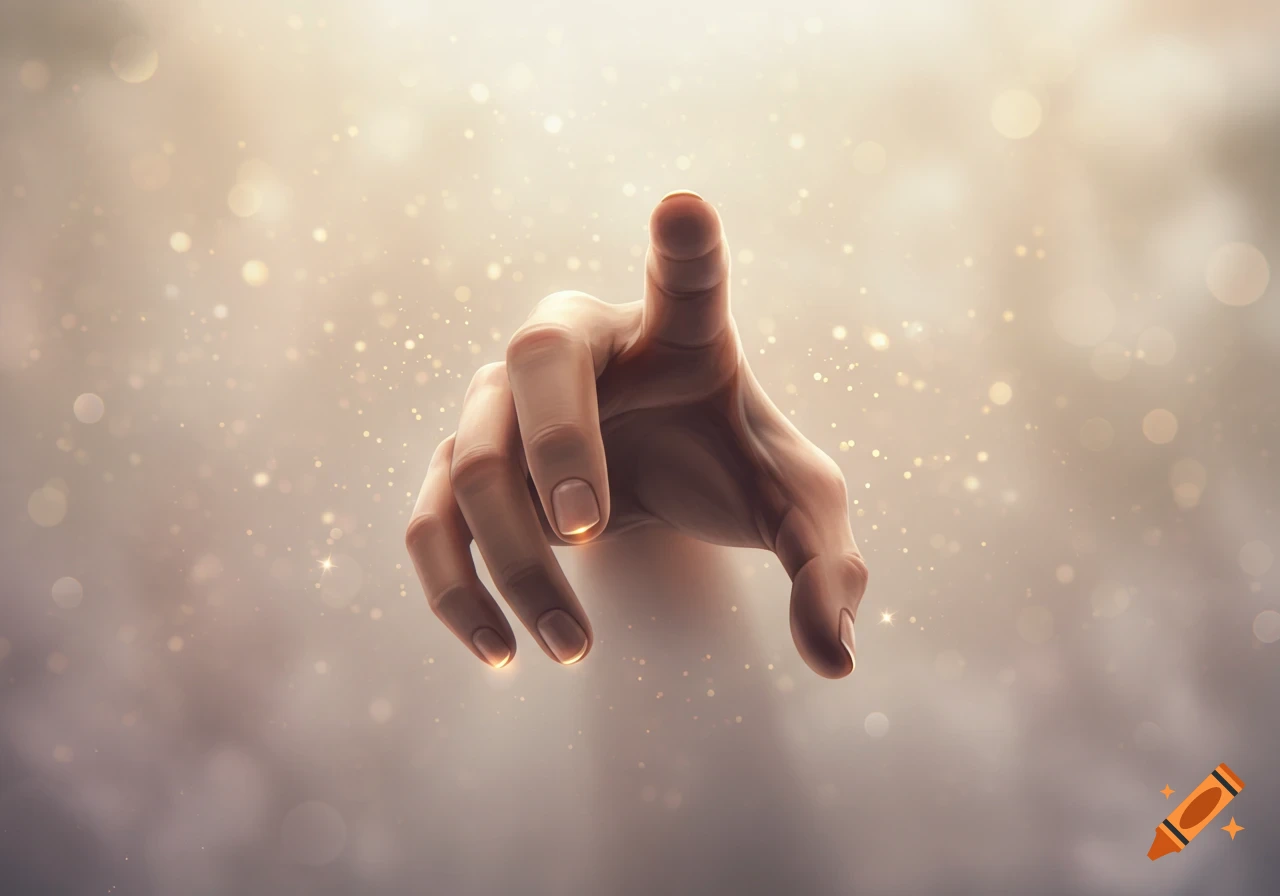 A stylized hand reaches forward, bathed in golden light with shimmering particles.
