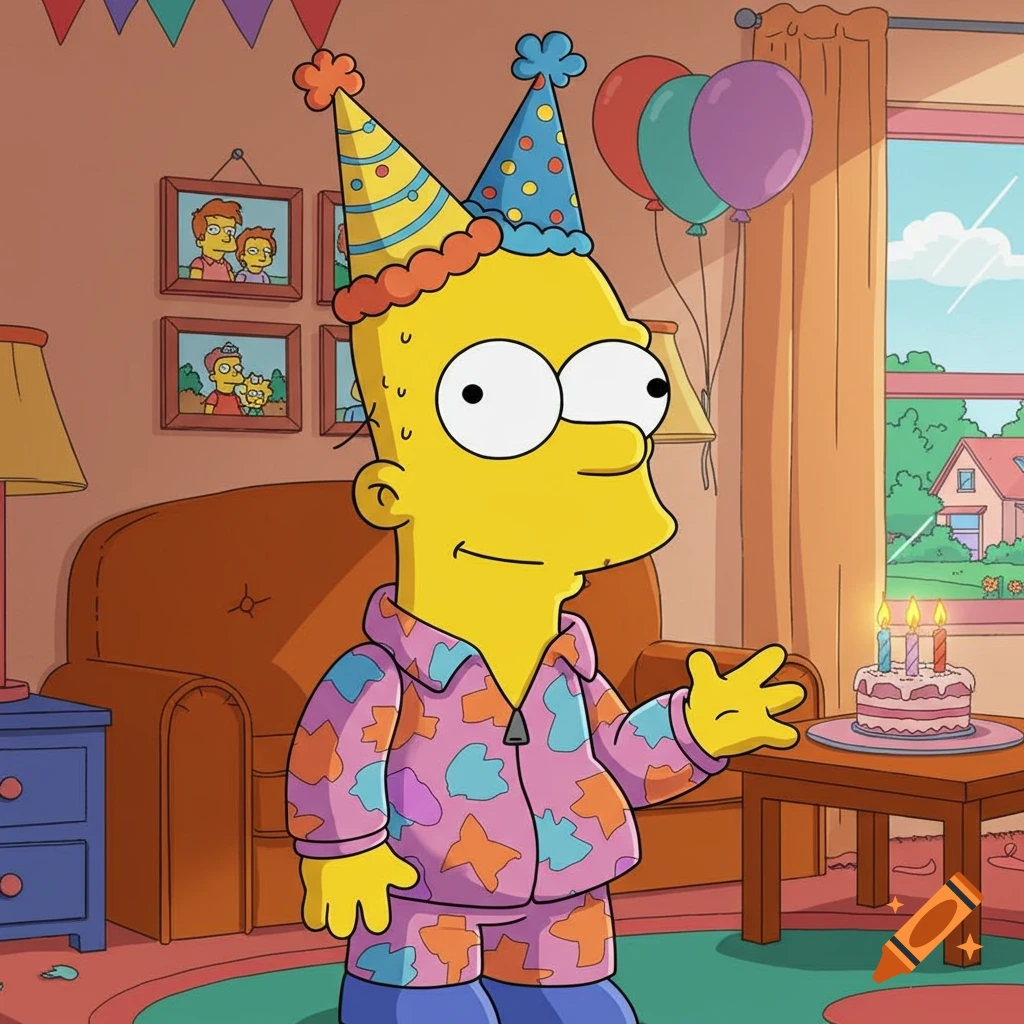 Bart Simpson in a cartoon style wearing two party hats and pajamas, standing next to a birthday cake and balloons in a living room.