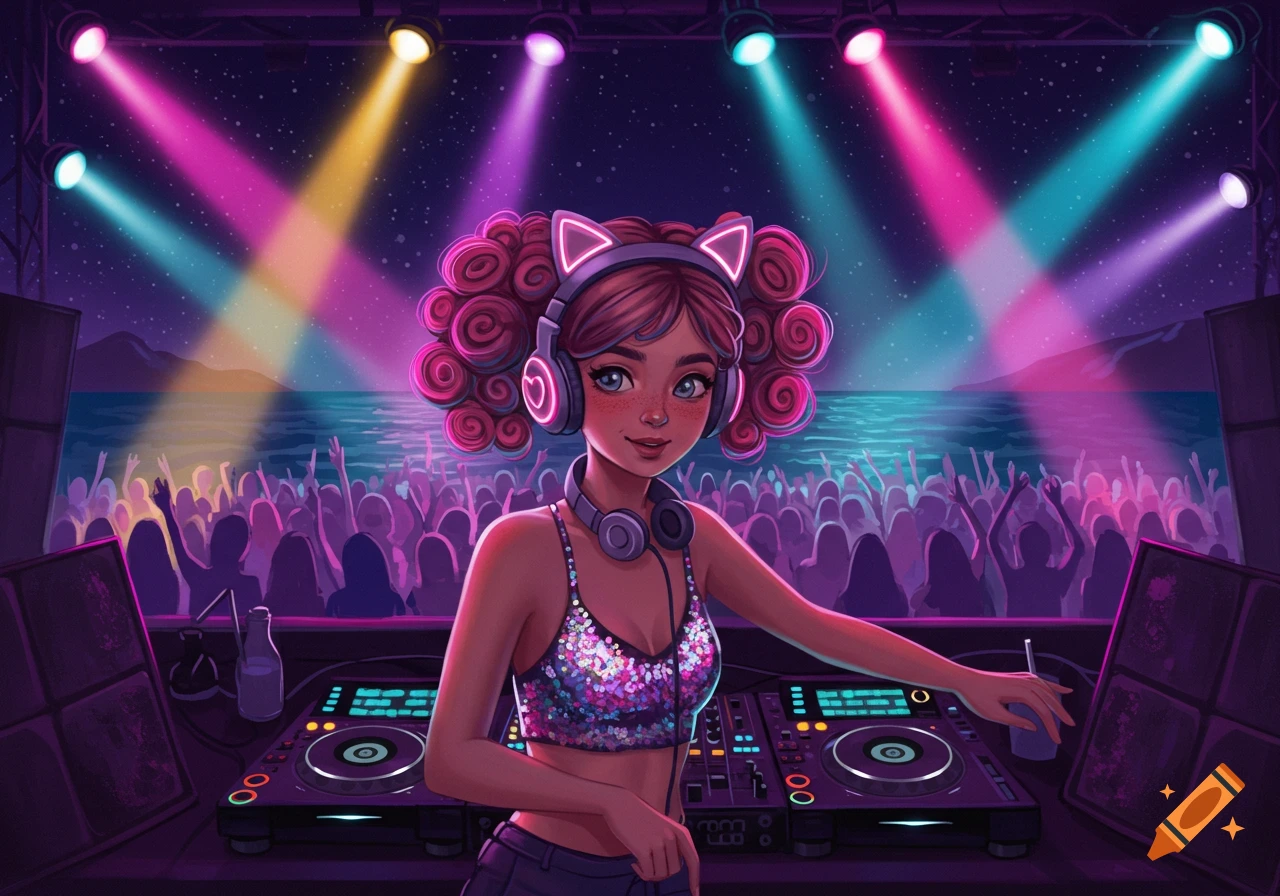 A colorful digital art illustration of a female DJ with pink hair and cat-ear headphones performing at a vibrant beach party.
