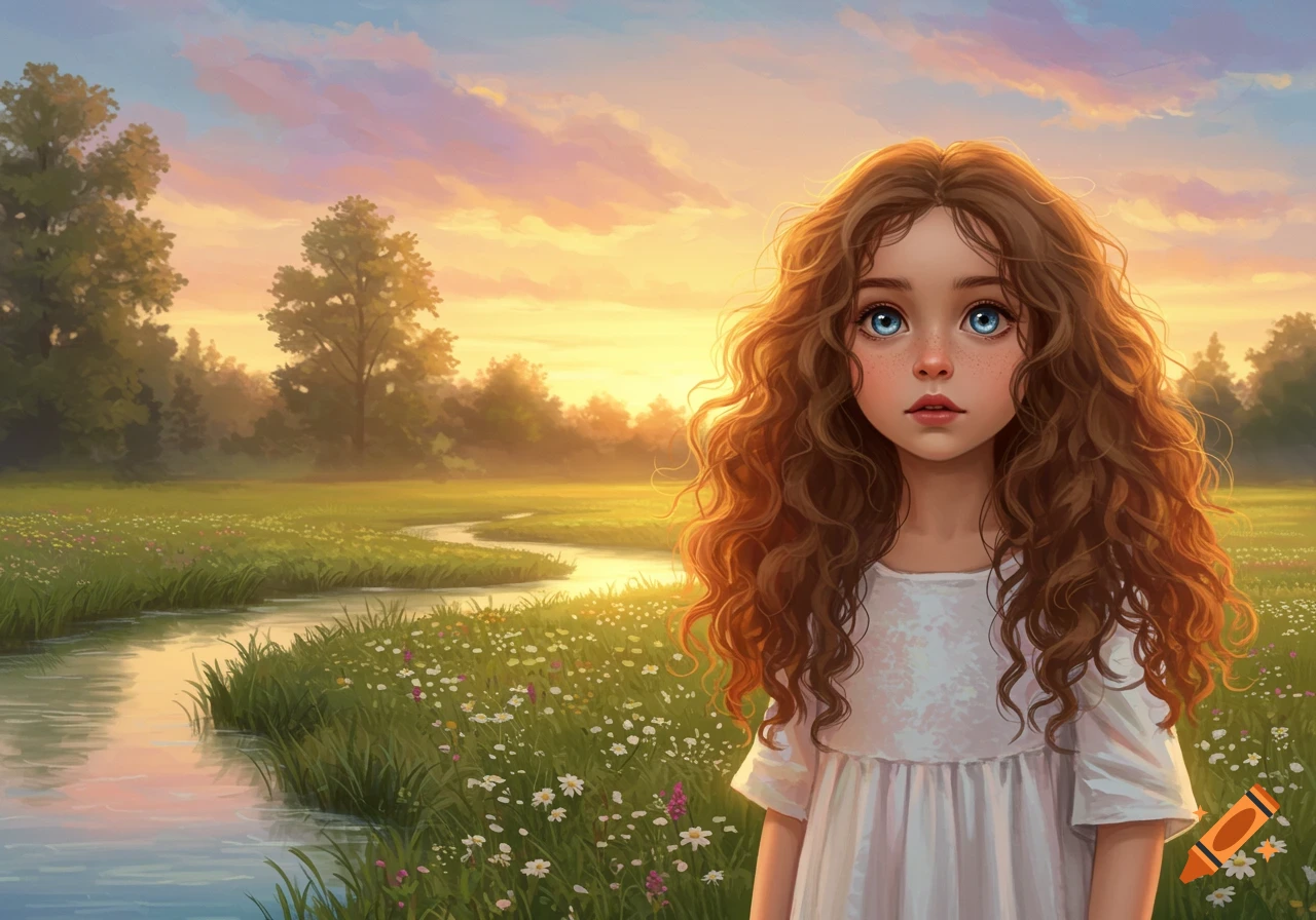 An illustrated young girl with long, curly brown hair and blue eyes stands in a vibrant green field with a winding river at sunset.