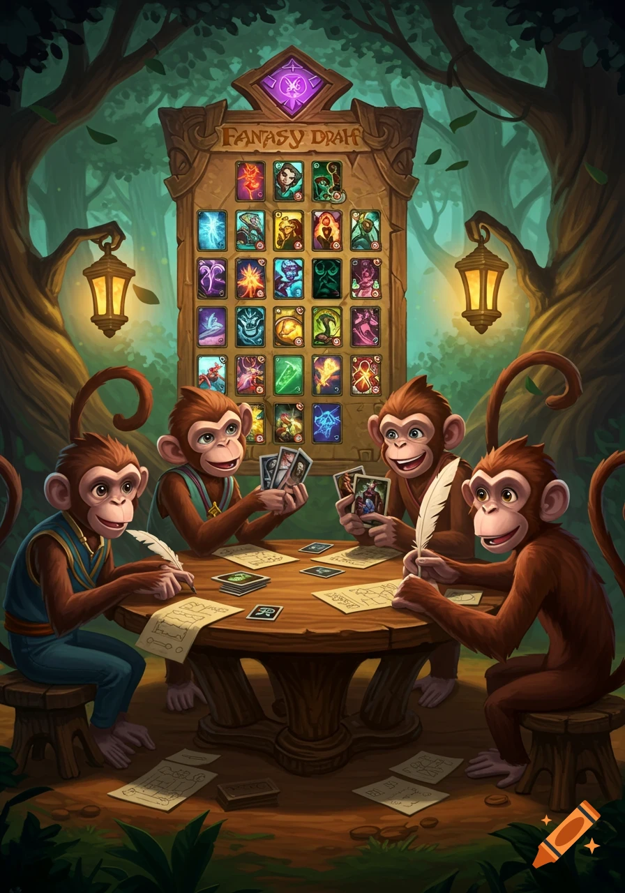 Cartoon monkeys play a fantasy draft card game around a wooden table with a large draft board in a magical forest.