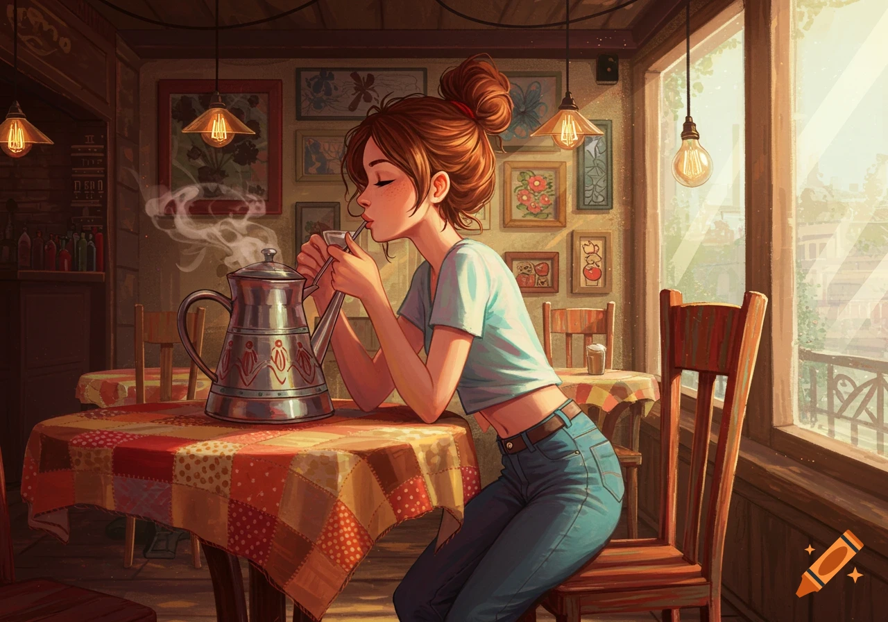 An illustrated young woman with a messy bun drinks from a metal teapot in a cozy cafe with paintings on the wall.