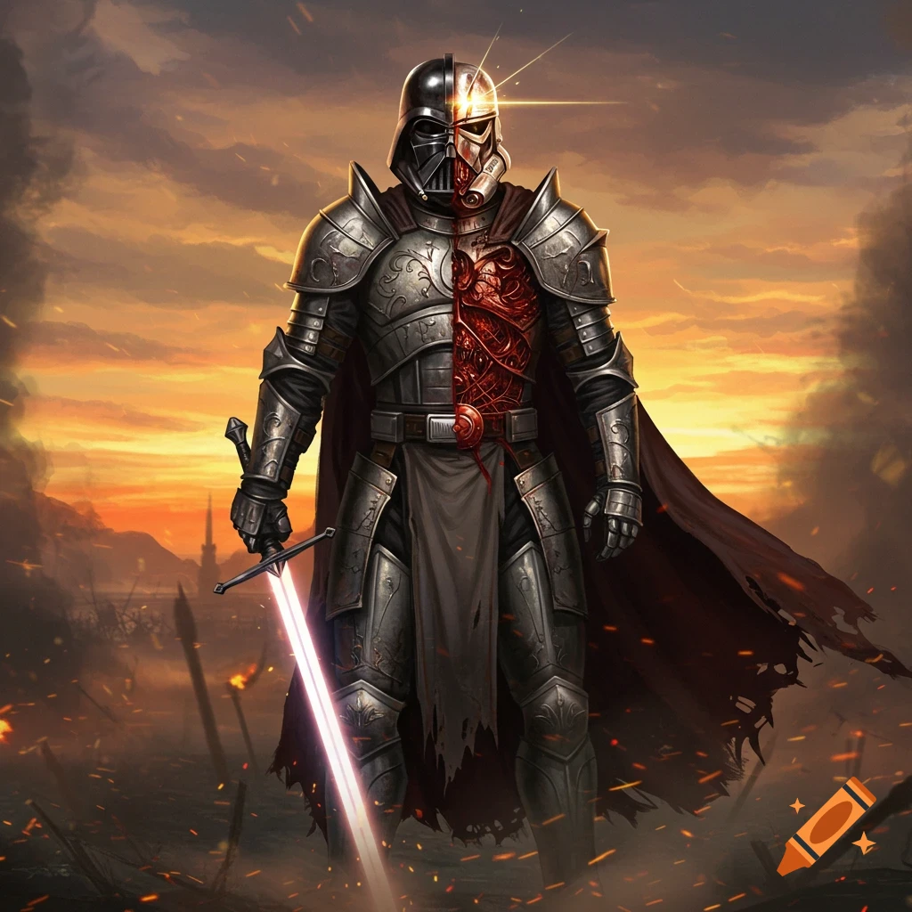 A knight in ornate armor with a split Darth Vader/Stormtrooper helmet and exposed chest organs holds a glowing sword on a fiery battlefield at sunset.