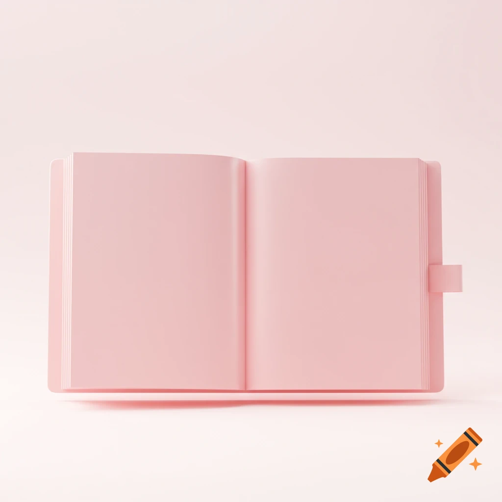 A minimalist pink open notebook with blank pages floats against a light pink background.