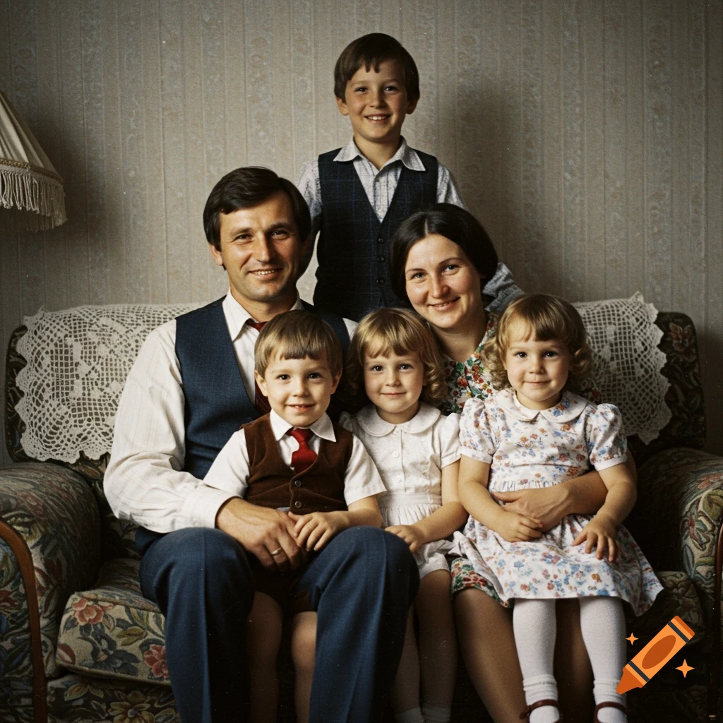 A smiling family of five, two adults and three children, sitting on a floral couch for a vintage-style portrait.