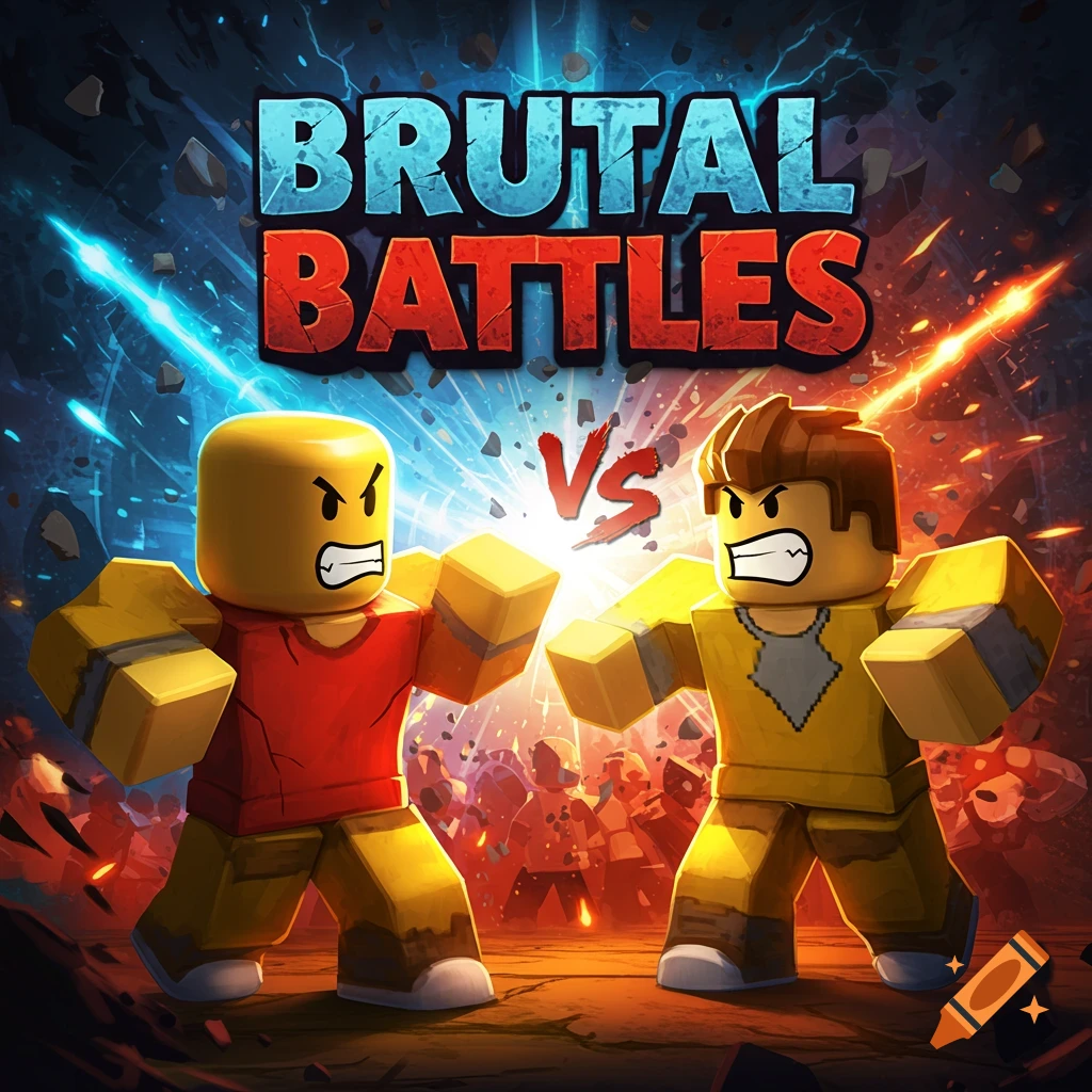 Roblox game logo with two angry noob characters ready to fight, explosions in the background, and 'BRUTAL BATTLES Vs' title.