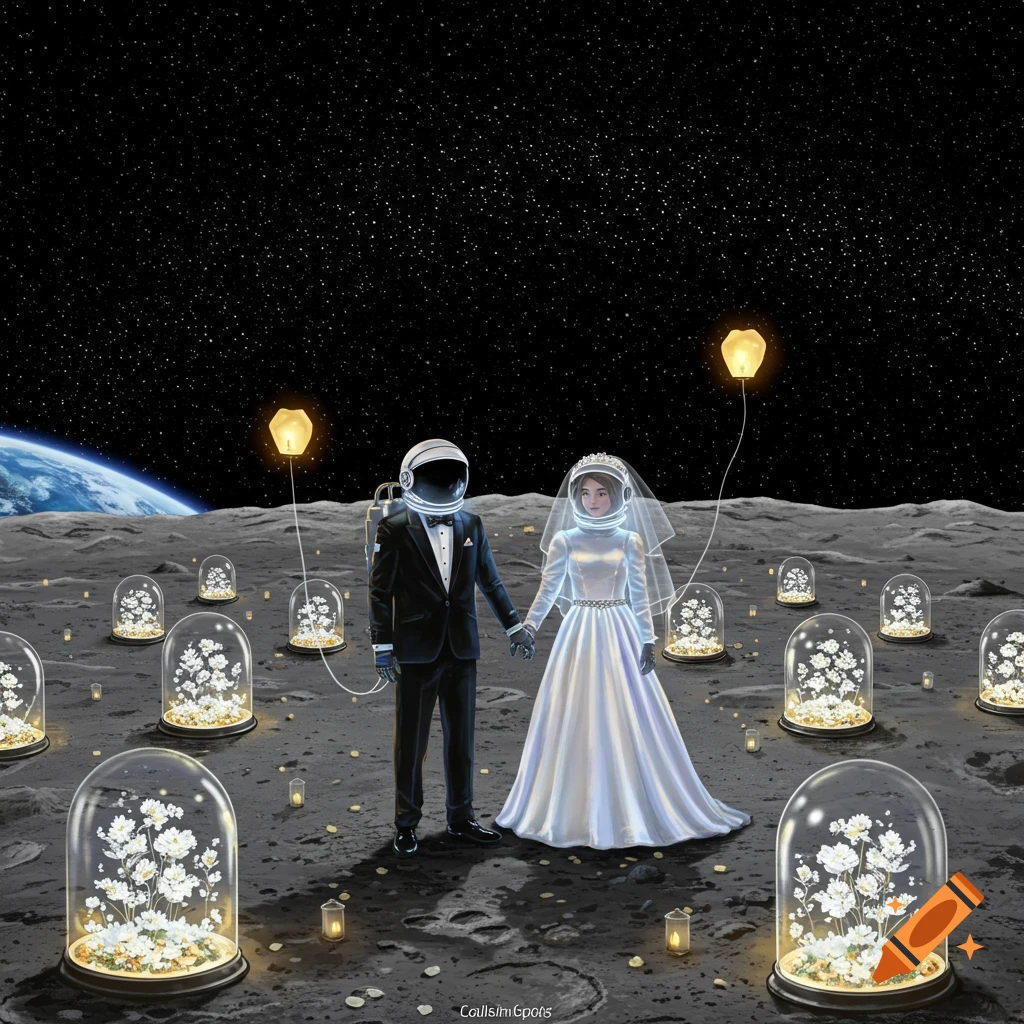 Astronaut bride and groom holding hands on the moon, surrounded by glowing floral domes and lanterns, with Earth in the distance.