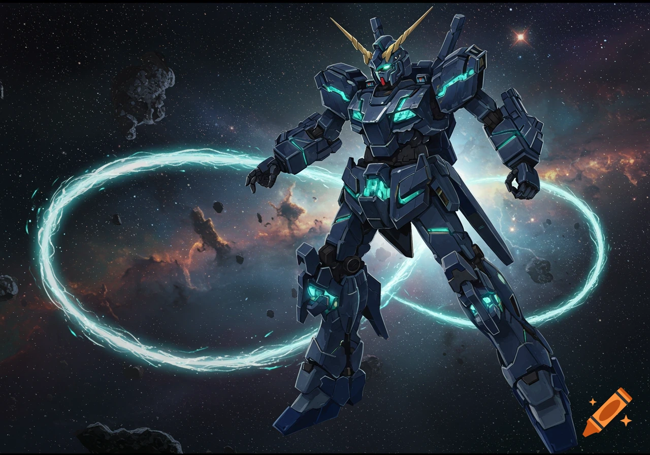 A dark Gundam robot with glowing cyan accents and gold horns stands in deep space amidst stars and asteroids.