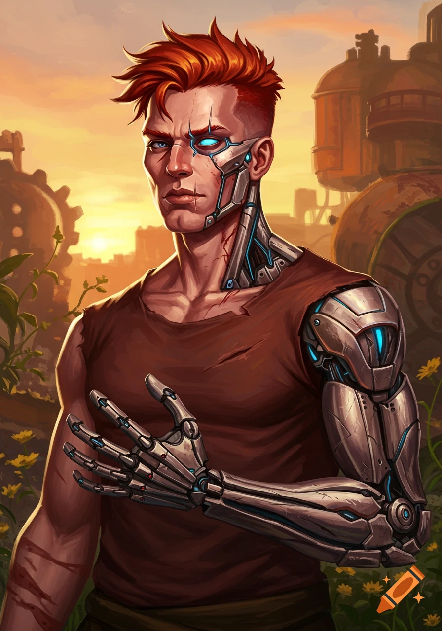 A red-haired man with a cybernetic left arm and glowing blue mechanical eye stands in an industrial, sunset setting.