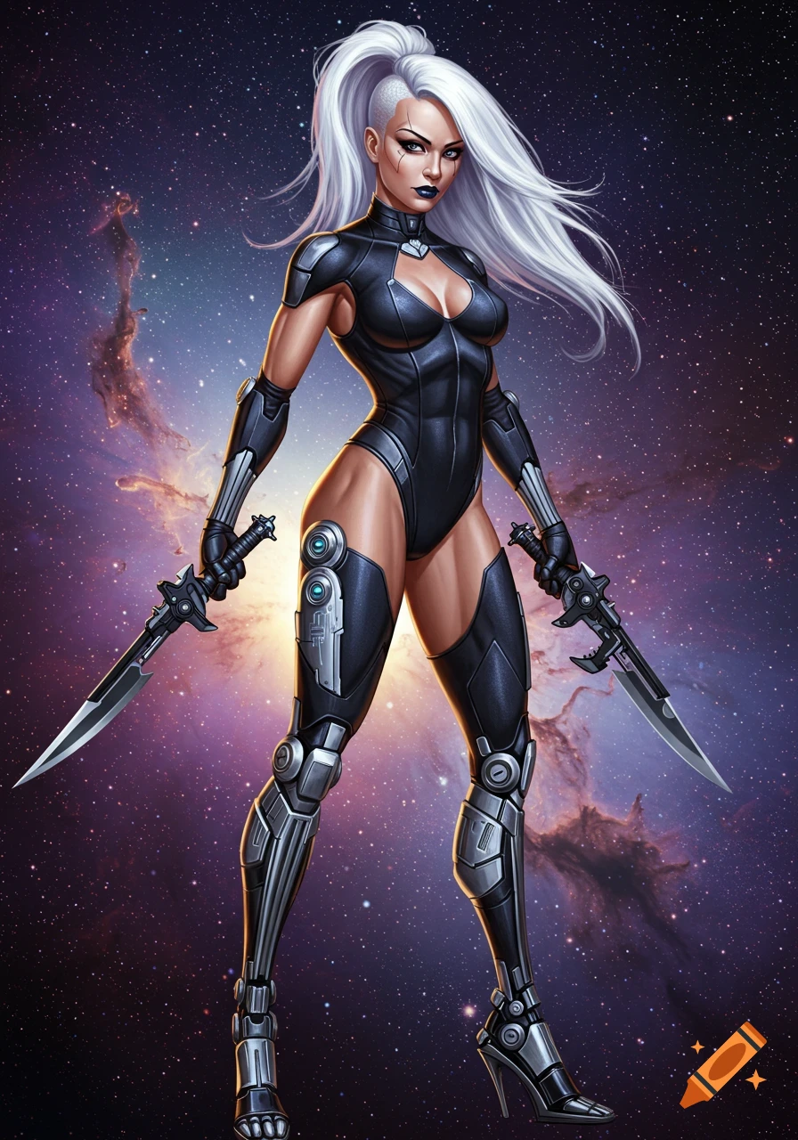 Female space bounty hunter with white hair, black jumpsuit, robotic legs, wielding two swords in a cosmic setting, sci-fi pulp art style.