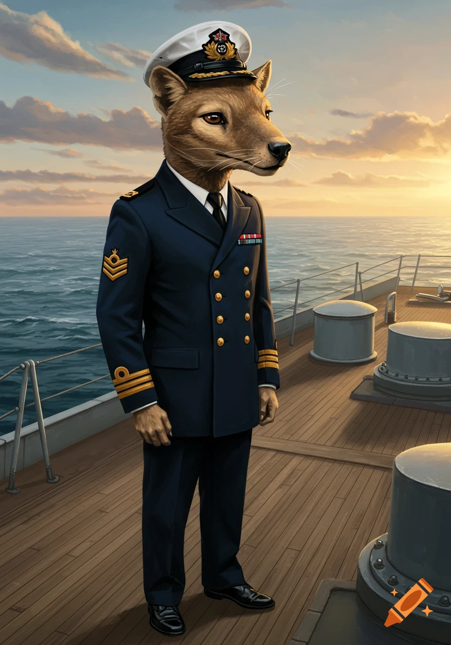An anthropomorphic thylacine in a dark blue naval uniform stands on a ship deck at sunset, looking out at the ocean.