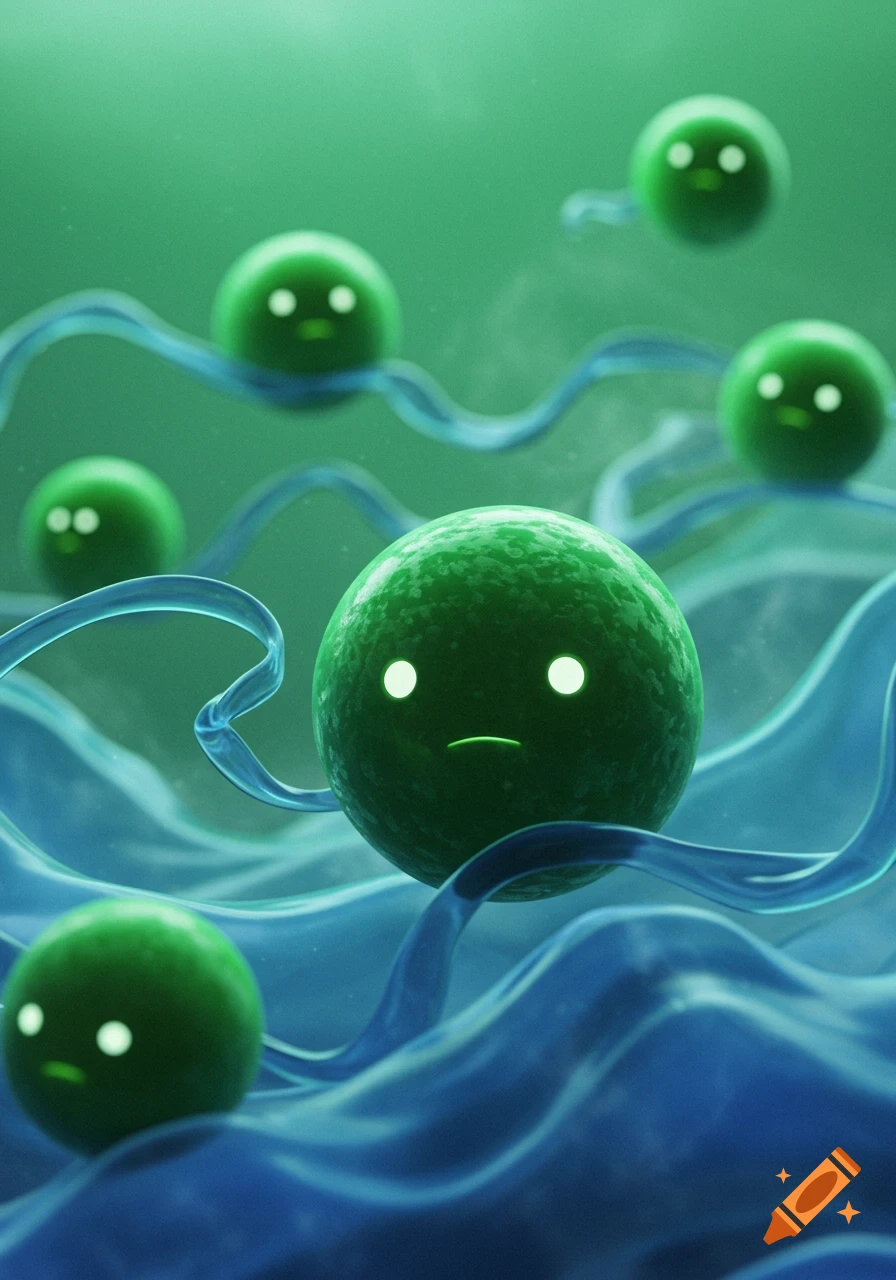 Green spherical creatures with glowing eyes and sad mouths float in a blue wavy liquid, 3D render.