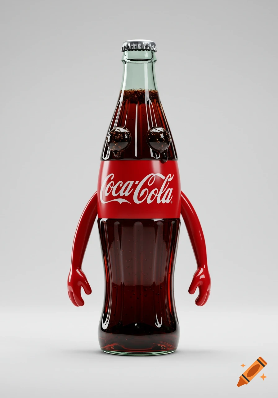 A 3D render of a Coca-Cola bottle with red cartoon arms, three-fingered hands, and liquid coke eyes dripping.