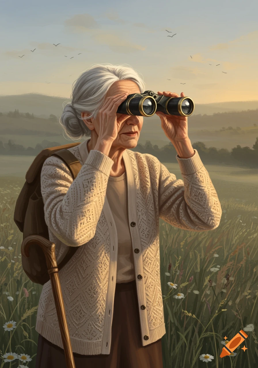 Elderly woman with gray hair looking through binoculars in a sunny, grassy field with a cane and backpack.