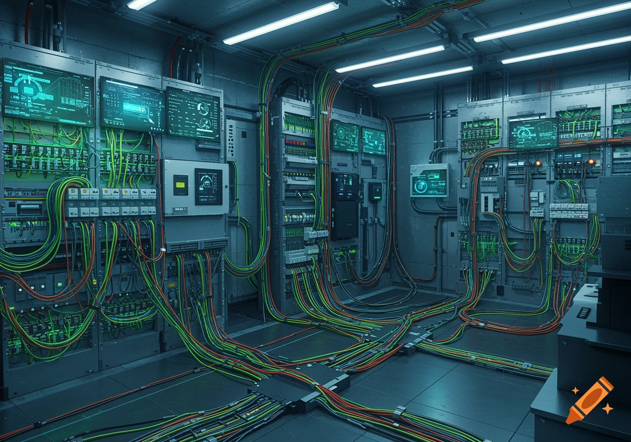 A complex server room with green and red cables running across walls and floor, connecting multiple glowing screens.