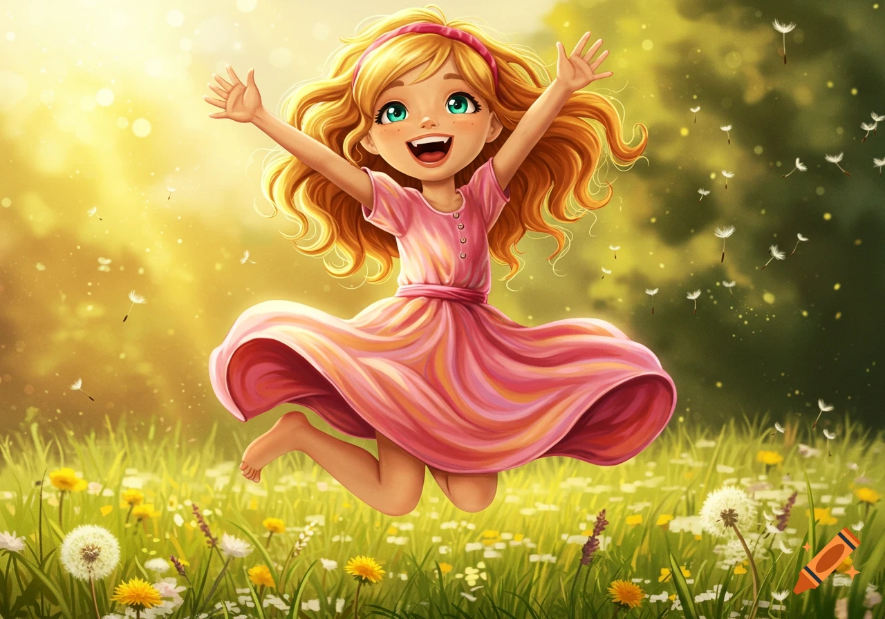 A joyful cartoon girl with blonde hair and a pink dress jumps in a sunny  green field with dandelions. on Craiyon, image size:1280x896