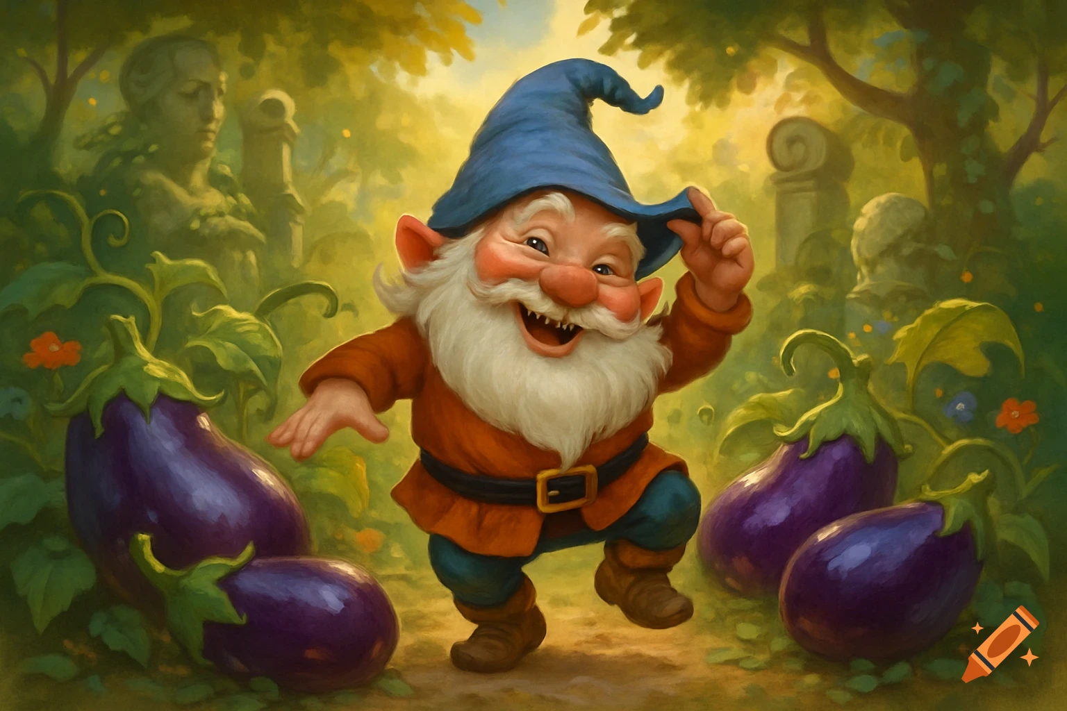 A cheerful garden gnome in a blue hat and red tunic dances happily among large purple eggplants in a lush, painterly forest.