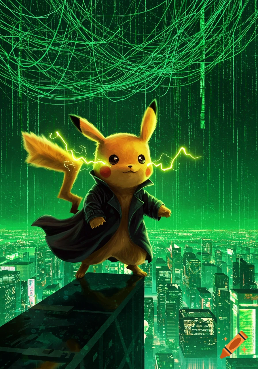 Pikachu wearing a black trench coat stands on a skyscraper overlooking a green-hued city, with neon green Matrix code raining down in the background.