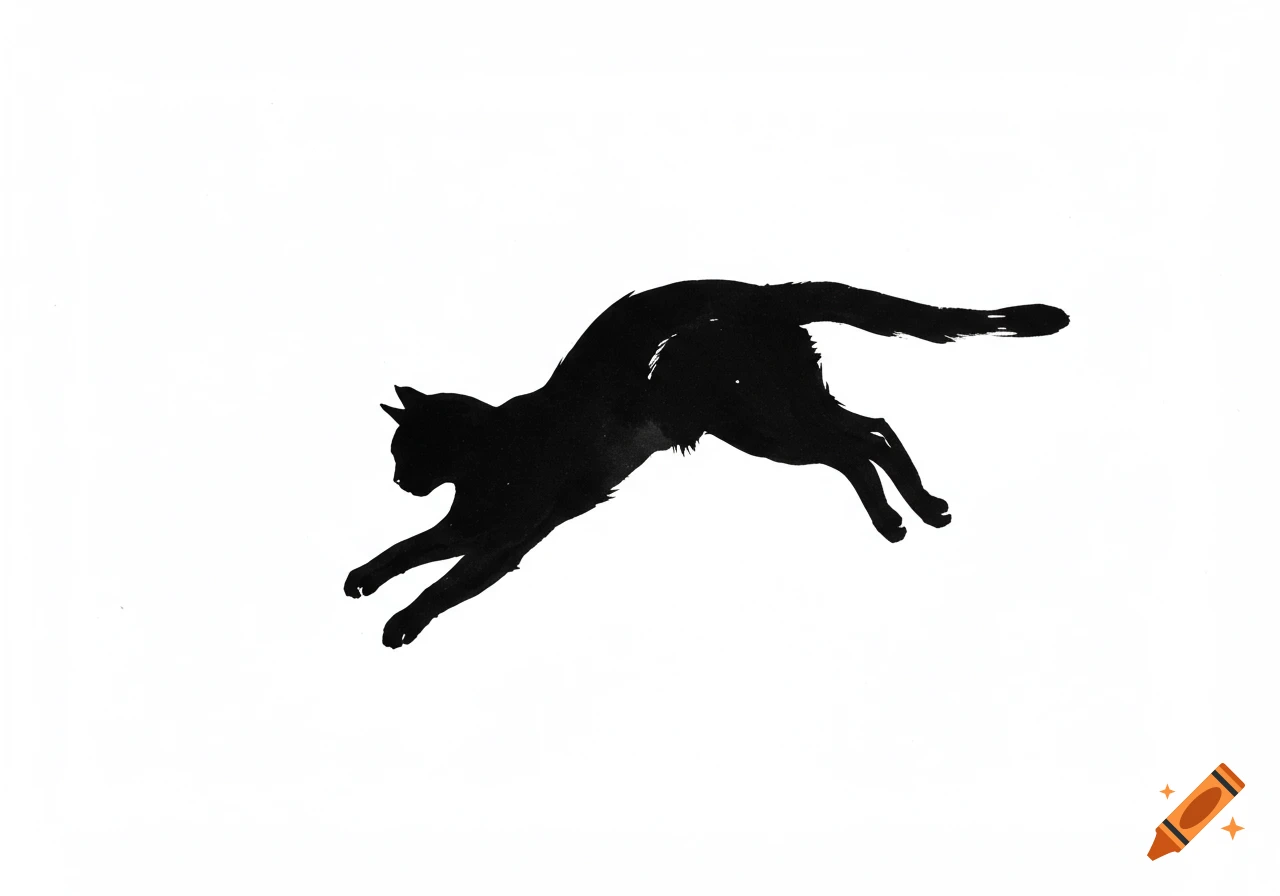 A minimalist black ink silhouette of a leaping cat on a white background.