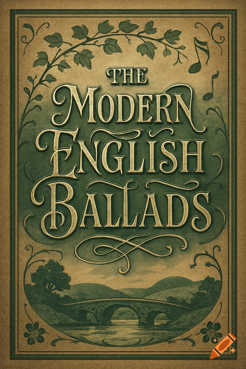Vintage-style book cover with green stylized text 'The Modern English Ballads' and an illustration of a stone bridge.