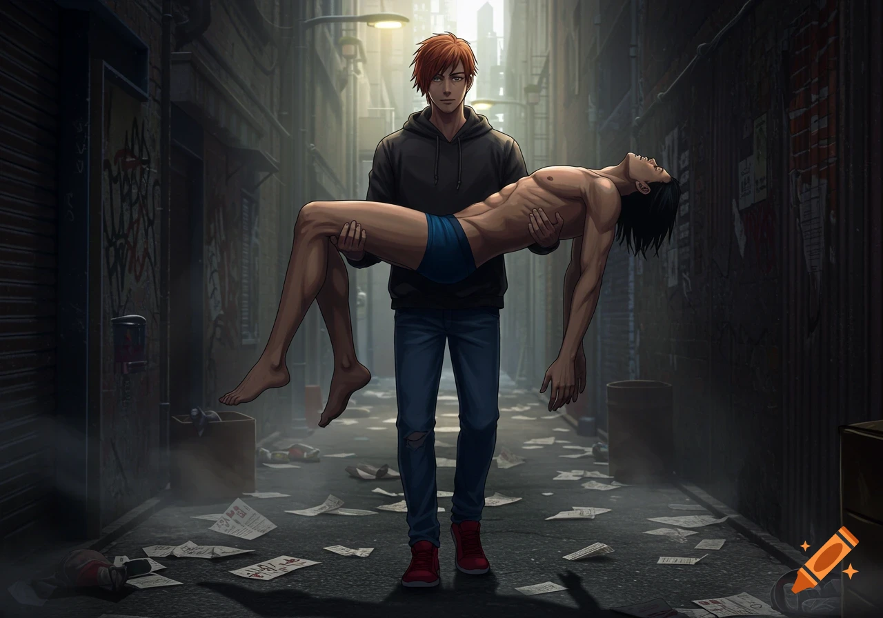 An anime man with ginger hair carries an unconscious, shirtless man in blue briefs through a dark, trash-strewn alleyway.
