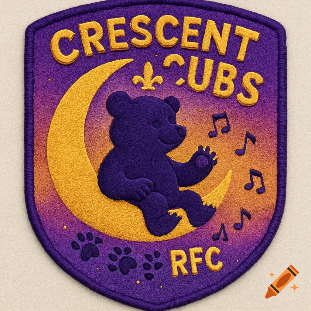 An embroidered purple and gold patch featuring a dark purple bear cub sitting on a golden crescent moon with the text "CRESCENT CUBS RFC" and musical notes.