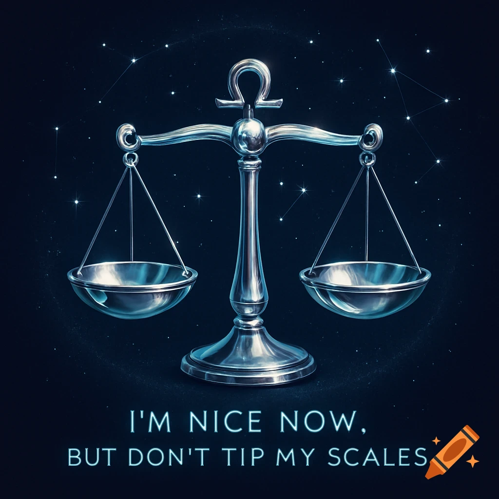 A shiny silver balance scale with the Libra zodiac symbol, set against a dark starry sky with constellations and text.