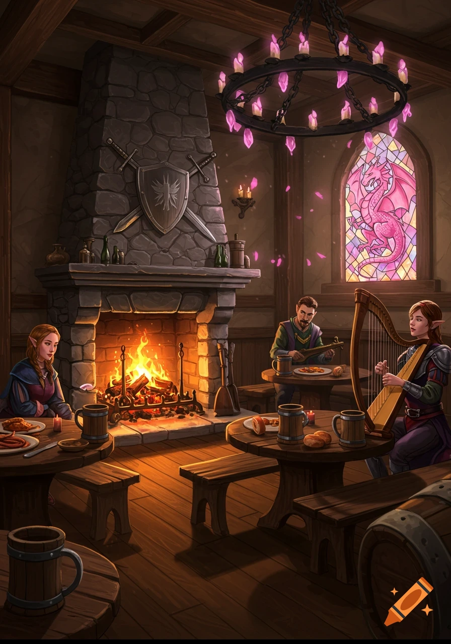 Cozy fantasy medieval tavern interior with customers, a bard playing harp, a roaring fireplace, and a pink dragon stained glass window.