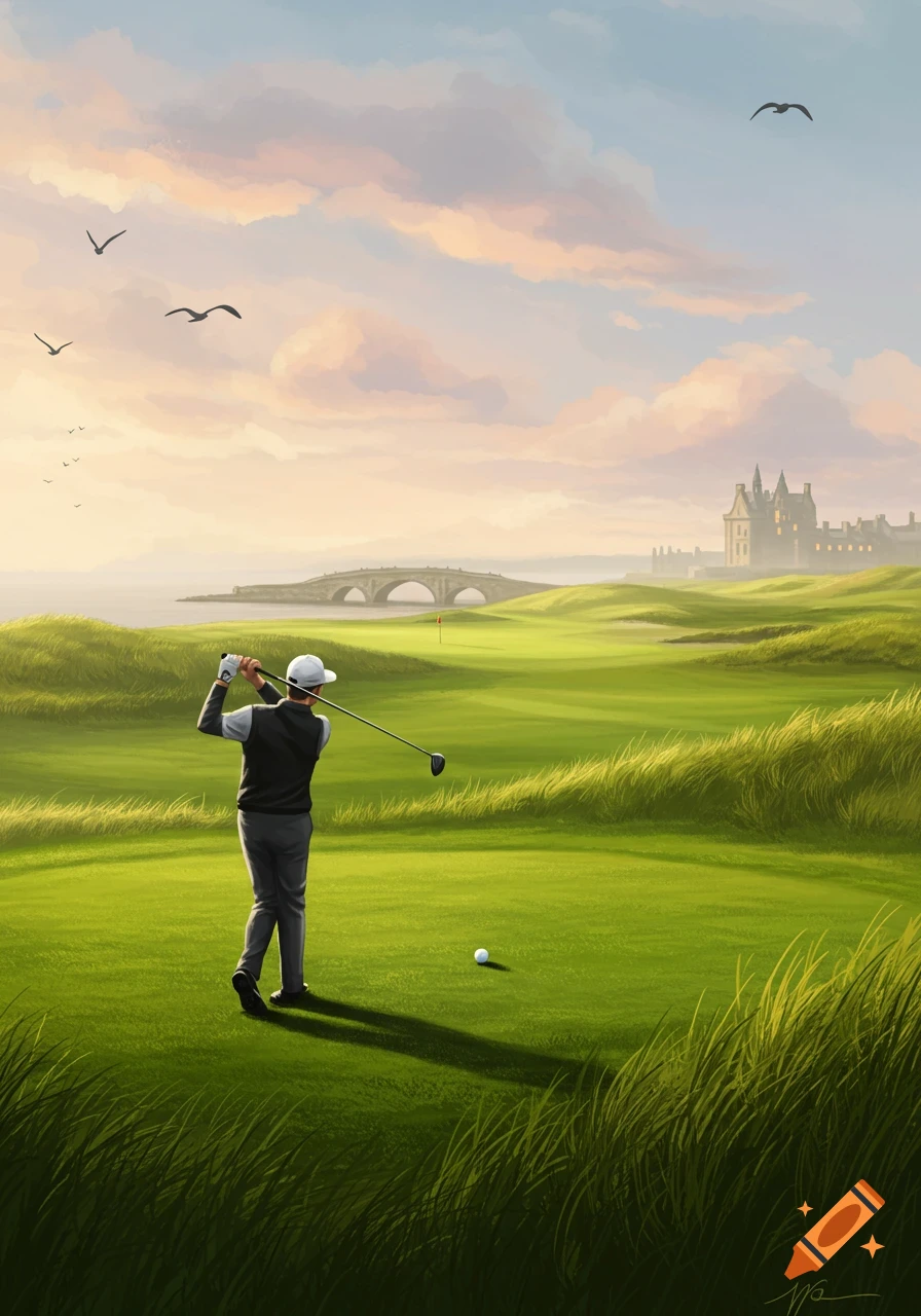An illustration of a golfer swinging on a green course, with a stone bridge, building, and birds under a colorful sky.